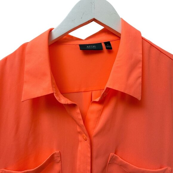 APT 9 Neon Orange Blouse Large Long Sleeve Button Up Womens Bright Top - Picture 3 of 7
